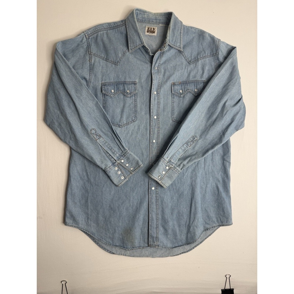 Ely Cattleman Denim Shirt Mens XL Pearl Snap Double Sawtooth Pockets Cowboy